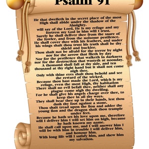 May include: A vintage-style scroll with a brown background and gold accents. The scroll features the text "Psalm 91" in a large, bold font. The text is a passage from the Bible, describing the protection and blessings of God.
