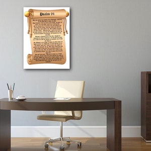 May include: A framed print of Psalm 31 from the Bible, displayed on a wall in a home office setting. The print features a scroll with gold accents and the text of the psalm in black.