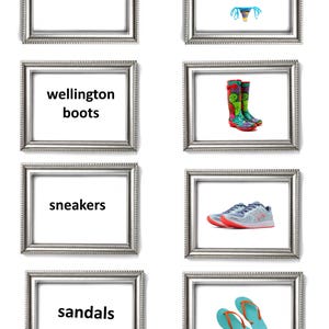 May include: Four framed images showing different types of footwear and swimwear. The top left image shows the word "swimwear" and the top right image shows a blue bikini. The bottom left image shows the words "wellington boots" and the bottom right image shows a pair of colorful rain boots. The middle left image shows the word "sneakers" and the middle right image shows a pair of gray and pink sneakers. The bottom left image shows the word "sandals" and the bottom right image shows a pair of blue and orange flip flops.