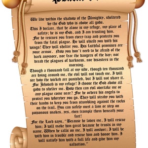 May include: A vintage-style scroll with a brown background and gold accents. The scroll features the text "Psalm 91" in a black, bold font. The text on the scroll is a passage from the Bible, Psalm 91, which speaks about finding refuge and protection in God.