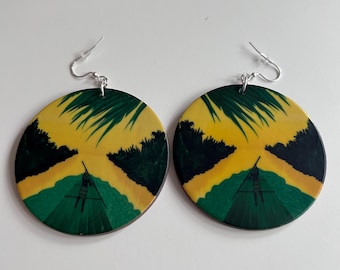 Earrings inspired by Jamaican flag, Wooden round earrings, Original Unique accessories