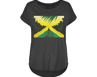 Women's Long Slub T-Shirt, Sizes XS-5XL, Jamaican flag inspired art with woman on raft