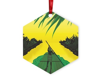 Jamaican Flag Metal Christmas Ornament: Woman on Raft Holiday Decor