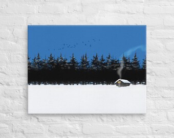Estonian Snowy Sauna Canvas Print: Winter Landscape Art inspired by Estonian flag