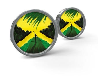 Jamaican Flag Art Cufflinks: Round or Square, Gift Boxed