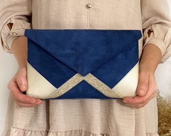 Sac mariage bleu marine et doré / Pochette bleu marine et champagne