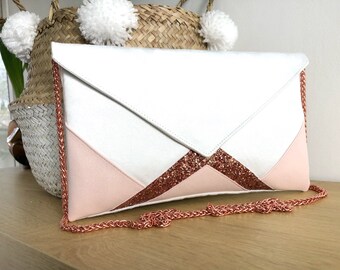 Pochette mariage blanche et rose clair, paillettes et chaîne rose gold