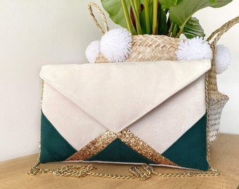 Pochette verte, écru et paillettes dorées pour invitée mariage et mariée, cérémonie