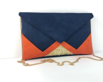 Sac pochette de soirée mariage bleu marine, orange et paillettes dorées