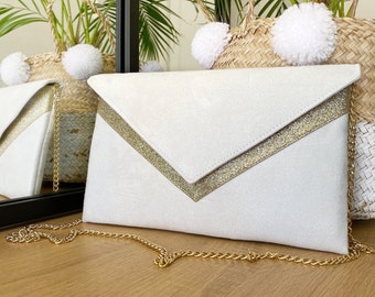 Pochette mariage avec rabat blanche et dorée