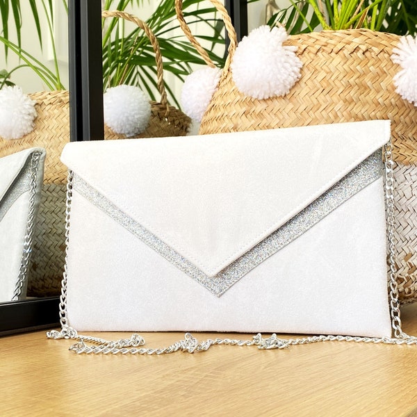 Pochette cérémonie mariage blanche et argentée avec chaîne