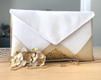 Pochette mariage blanche et dorée, pochette mariée blanche et dorée avec chaîne