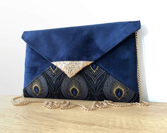 Sac pochette bleu marine et tissu jacquard bleu nuit queue de paon