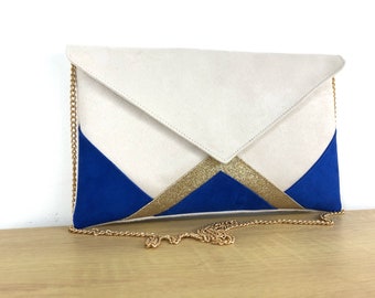 Sac pochette mariage écru, bleu roi et paillettes dorées avec chaîne, cadeau demoiselles d'honneur