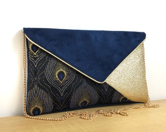 Sac pochette bleu marine et doré, tissu jacquard plumes de paon