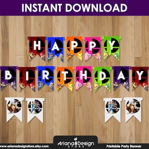 May include: Printable party banner featuring a colorful "Happy Birthday" banner with a Super Smash Bros. theme. The banner features characters from the game, including Mario, Link, Pikachu, and Donkey Kong. The banner is perfect for a Super Smash Bros. themed birthday party.