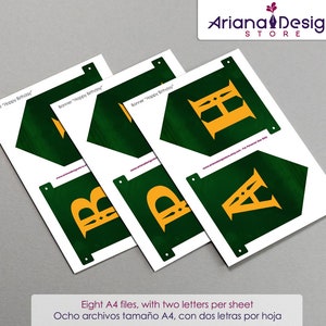 May include: Printable banner for a birthday party. The banner is made up of eight A4 sheets, each with two letters. The letters are gold and outlined in black, and they are on a green background. The text on the banner reads "Happy Birthday".