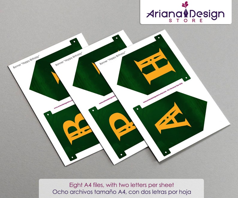 May include: Printable banner for a birthday party. The banner is made up of eight A4 sheets, each with two letters. The letters are gold and outlined in black, and they are on a green background. The text on the banner reads "Happy Birthday".
