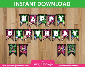 May include: A printable party banner with the words "HAPPY BIRTHDAY" in white letters on black pennants. The pennants have green and pink paint splatters and character illustrations. The banner is on a wooden background.