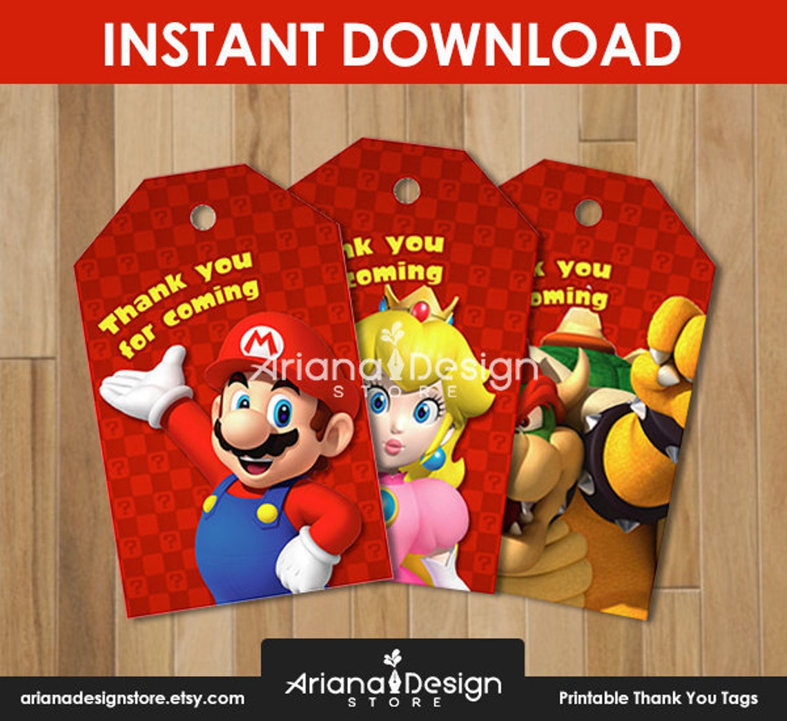 Super Mario Bros Party Printable Thank You Tags Mario Bros - Etsy