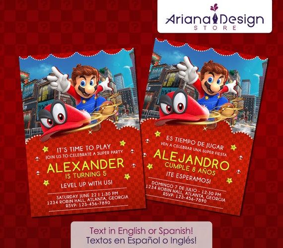 Super Mario Oddyssey Birthday Invitation Super Mario Bros Etsy