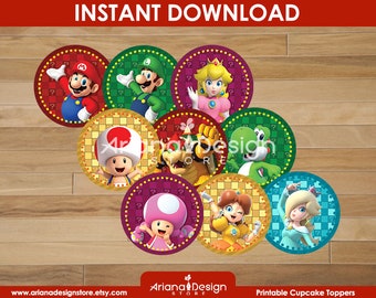 Mario Bros Cupcake Toppers Printables | Super Mario Cupcakes Decoration | Mario Party Cupcake Toppers | Super Mario Bros Party Decorations