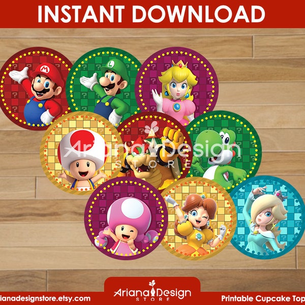 Mario Bros. Cupcake-Topper zum Ausdrucken | Super Mario Cupcakes Dekoration | Mario Party Cupcake Topper | Super Mario Bros. Partydekorationen