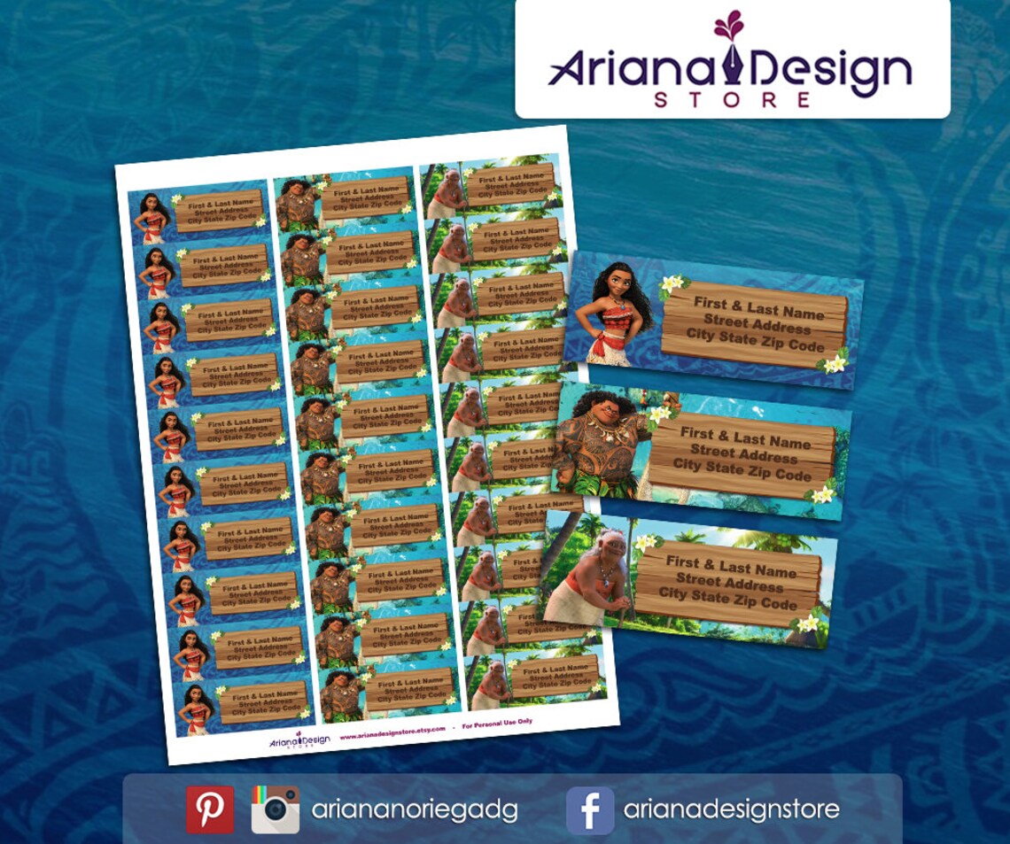 Moana Printable Address Labels / Moana Return Address Labels / Etsy