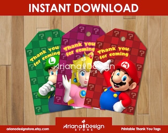 Super Mario Bros Party Printable Thank You Tags, Mario Bros Party Cards, Super Mario Party Decoration, Super Mario Bros Birthday Party