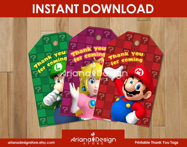 Mario Bros afdrukbare cadeaubon, afdrukbare Super Mario bedanktags, Super Mario Bros verjaardagsfeestje afbeelding 1