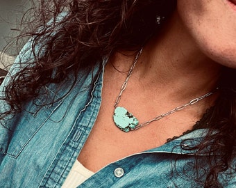 Turquoise Slab Necklace | Hypoallergenic Stainless Steel | Paperclip Turquoise Necklace | Layering Necklace | Turquoise Stone