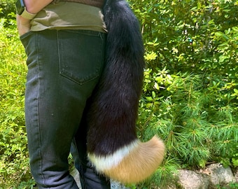 Plush Fox Fursuit Tail: Black, Cream & Tan Faux Fur, 2'4"