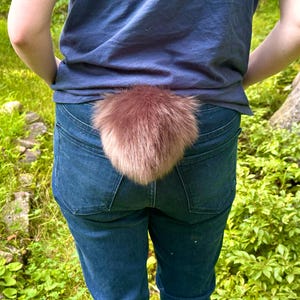 Peut inclure: Une queue en fausse fourrure duveteuse, brun rouge&acirc;tre, attach&eacute;e &agrave; l'arri&egrave;re d'un jean bleu. La queue est un accessoire de costume. L'arri&egrave;re-plan est un cadre ext&eacute;rieur naturel avec du feuillage vert.