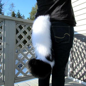 May include: A black and white faux fur tail with a long, fluffy white tip. The tail is attached to a person's waist.
