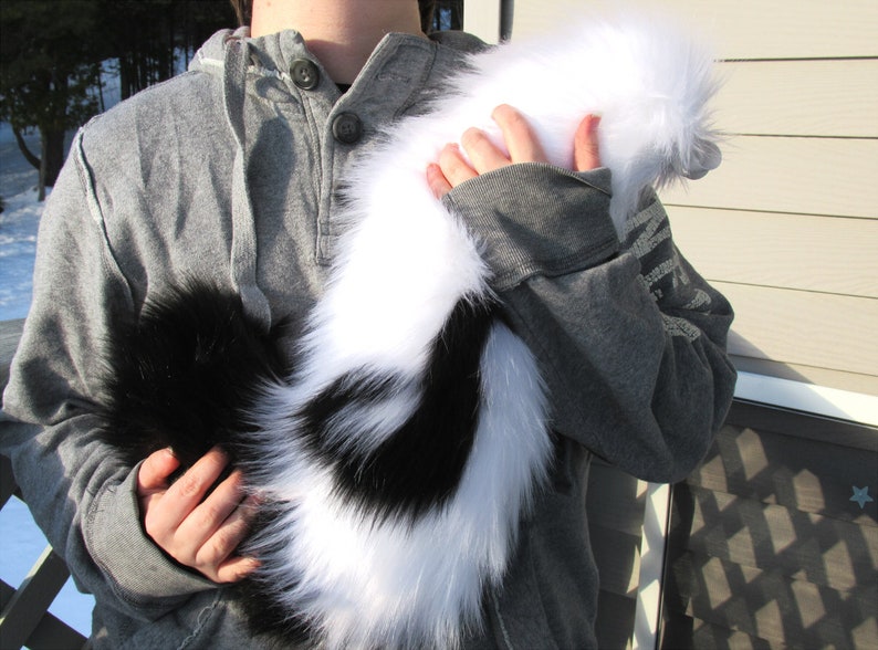 May include: A person is holding a black and white fluffy tail. The tail is long and has a black tip. The person is wearing a gray sweatshirt.