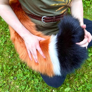 May include: A faux fur tail in shades of orange, white, and black. The tail is held by a person sitting on green grass. The tail is a costume accessory.