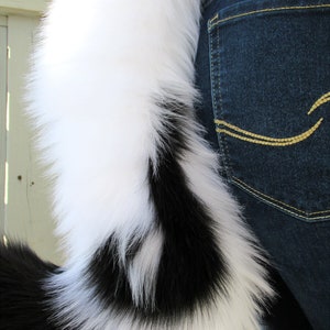 May include: A black and white faux fur tail with a white tip. The tail is attached to a person's waist and is hanging down.