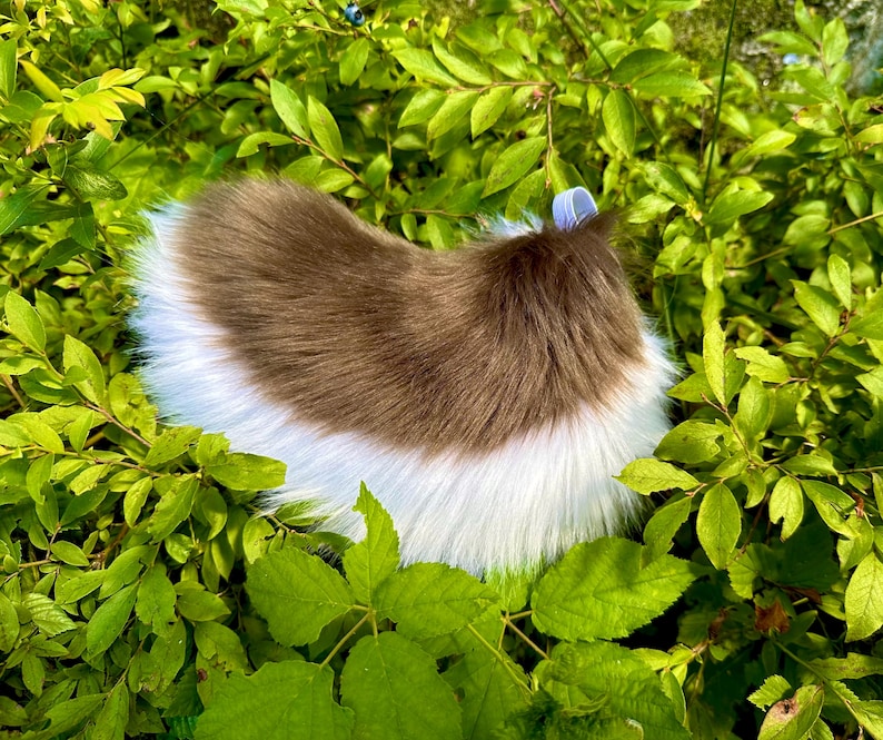 以下が含まれることがあります： ふわふわの茶色と白のフェイクファーのアイテム。ペット用ベッドやアクセサリーかもしれません。鮮やかな緑の葉の中にあります。アイテムは丸みを帯びた形で、茶色の中心と白い縁があります。水色のリボンが付いています。