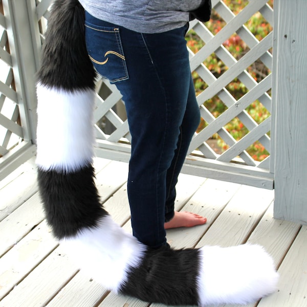 Fluffy Furry Elke kleur Extra Lange Gestreepte Katachtige Maki Panther Cheshire Kattenstaart Cosplay Floordragger Fursuit Tail