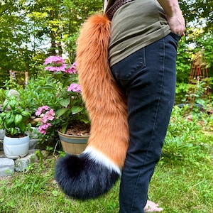 May include: A faux fox tail in shades of orange, white, and black. The tail is attached to a brown belt and hangs down. The tail is fluffy and appears to be made of faux fur. The person is wearing dark blue jeans.