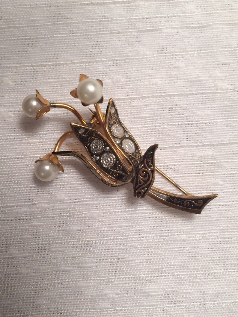 Damascene Pearl and metal Brooch marked Spain