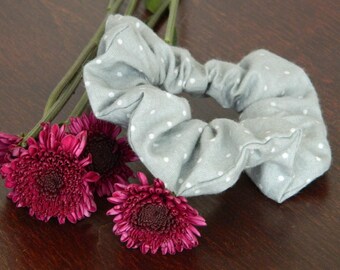 Handmade Gray Polka Dot Cotton Scrunchy, Upcycled Fabric