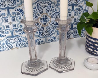 Pair of 6.75" Clear Faceted Crystal Candlesticks Taper Candle Holder Matching Pair Formal Classic Candlestick with Etched Flowers