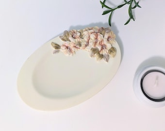 Cream Colored Oval Soap Dish with 3D Pink Flower Green Leaf Relief Design