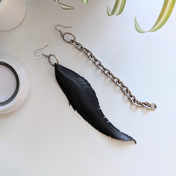 Asymmetrical Mismatched Earrings Vegan Leather Upcycled Feather and Choice of Chain or Rings