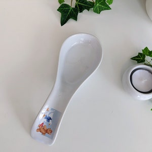 Vintage 8&quot; Teddy Bear and Goose White Ceramic Spoon Rest Adorable Cottagecore 1980s Kitchenware