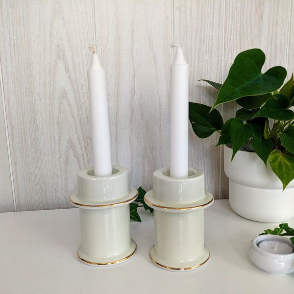 Pair of Vintage 4.5" Tall Porcelain with Gold Edging Ceramic Candlestick Taper and Tealight Candle Holders by Colonial Candle Japan