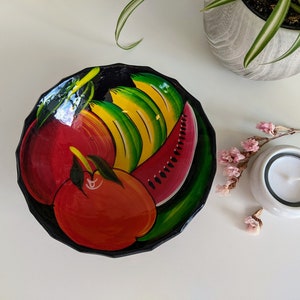 Small 6&quot; 3-Footed Painted Ceramic Bowl with Fruit Watermelon Mexican Clay Folk Art Pottery Salsa Serving Bowl