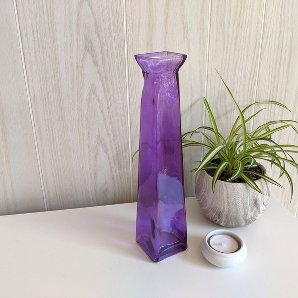 Tall 11" Purple Glass Square Skinny Geometric Bud Vase with Flared Lip