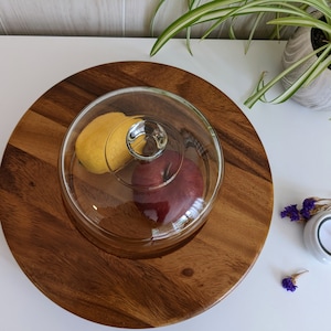 Vintage 12&quot; Cheese Board Cloche with Glass Dome Display and Oversized Wooden Cutting Board Made in Philippines